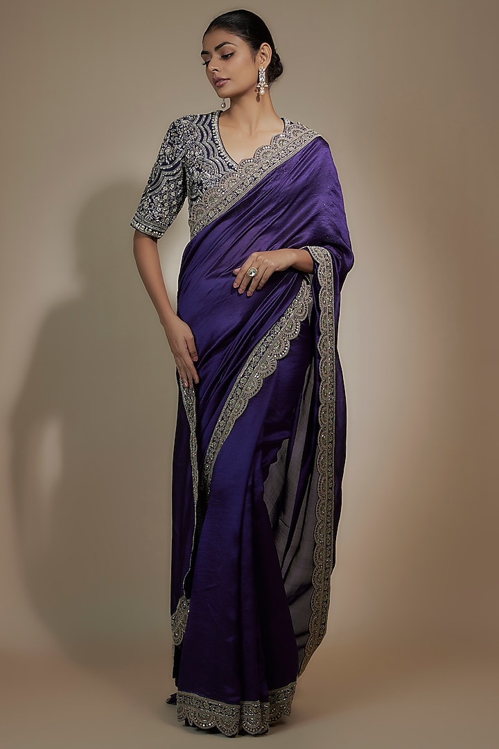 Purple Silk Zari Embroidered Saree Set by Jayanti Reddy