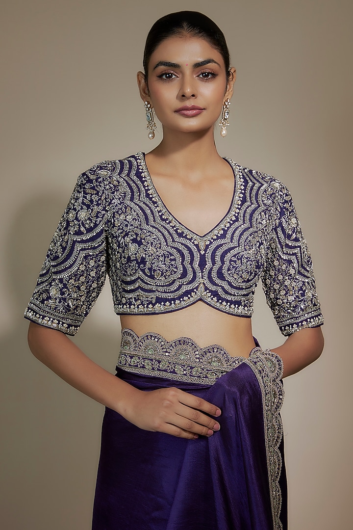 Purple Silk Zari Embroidered Bridal Saree Set by Jayanti Reddy at Pernia's Pop Up Shop