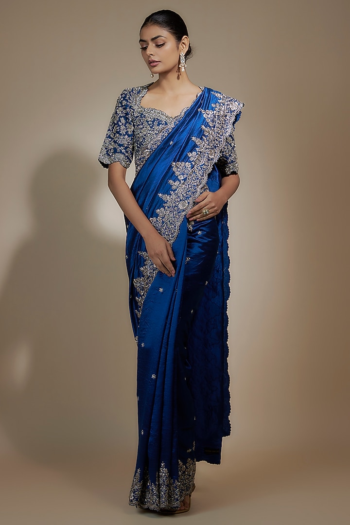 Navy Blue Silk Zari Embroidered Bridal Saree Set by Jayanti Reddy at Pernia's Pop Up Shop