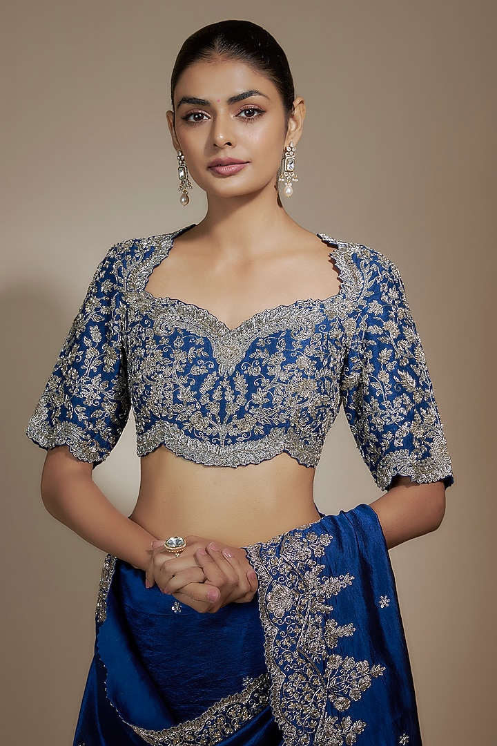 Navy Blue Silk Zari Embroidered Bridal Saree Set by Jayanti Reddy at Pernia's Pop Up Shop