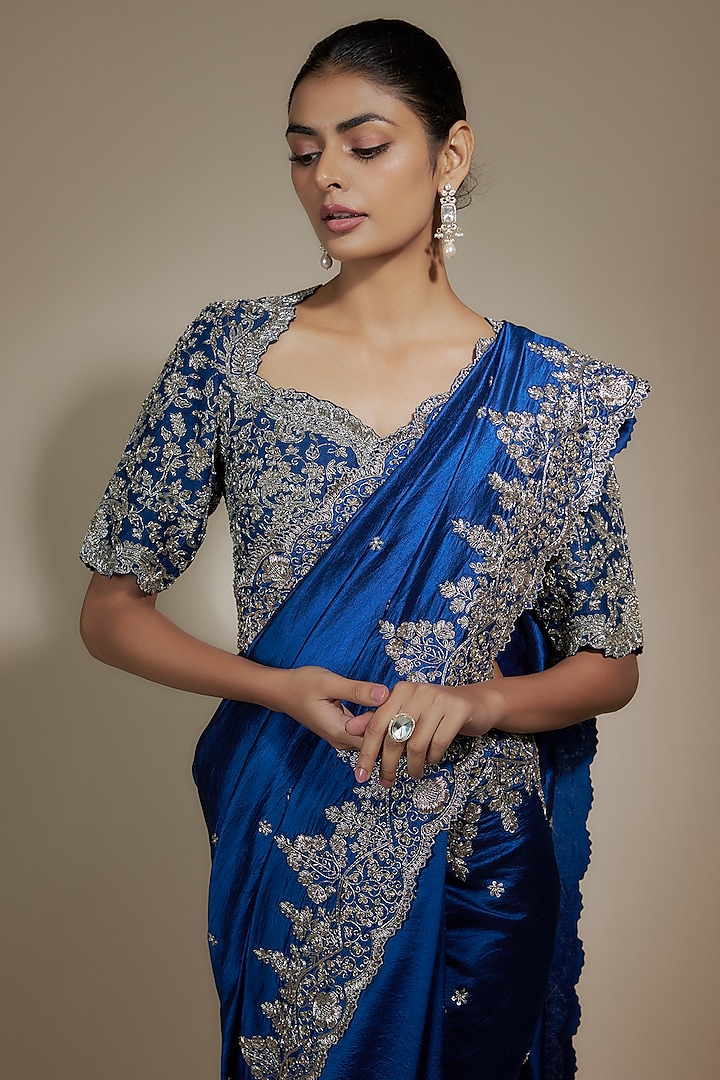 Navy Blue Silk Zari Embroidered Bridal Saree Set by Jayanti Reddy at Pernia's Pop Up Shop
