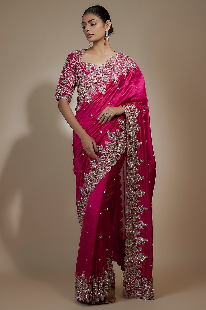 Pink Silk Cutwork Embroidered Saree Set by Jayanti Reddy