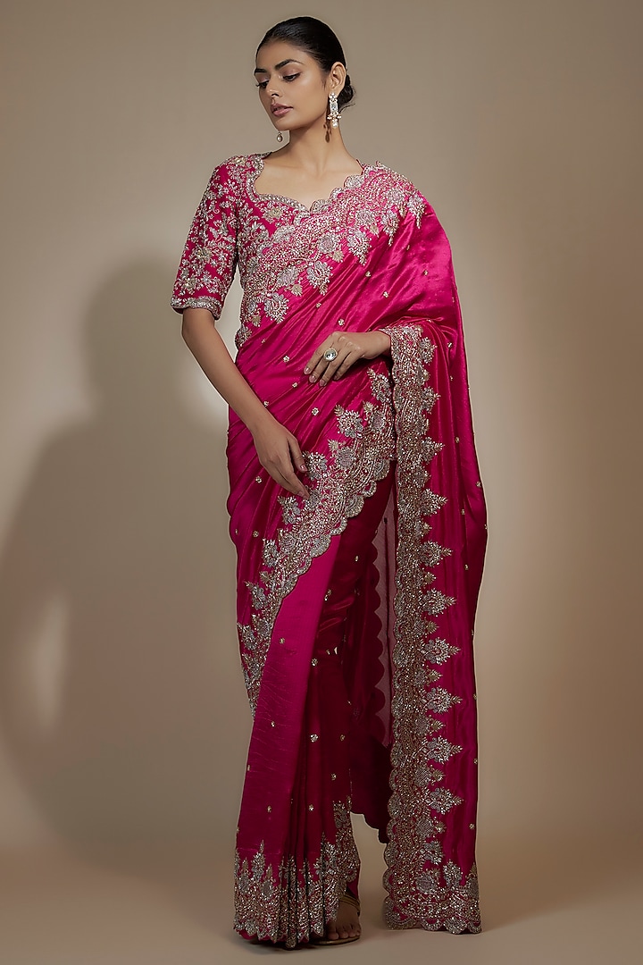 Pink Silk Cutwork Embroidered Bridal Saree Set by Jayanti Reddy at Pernia's Pop Up Shop