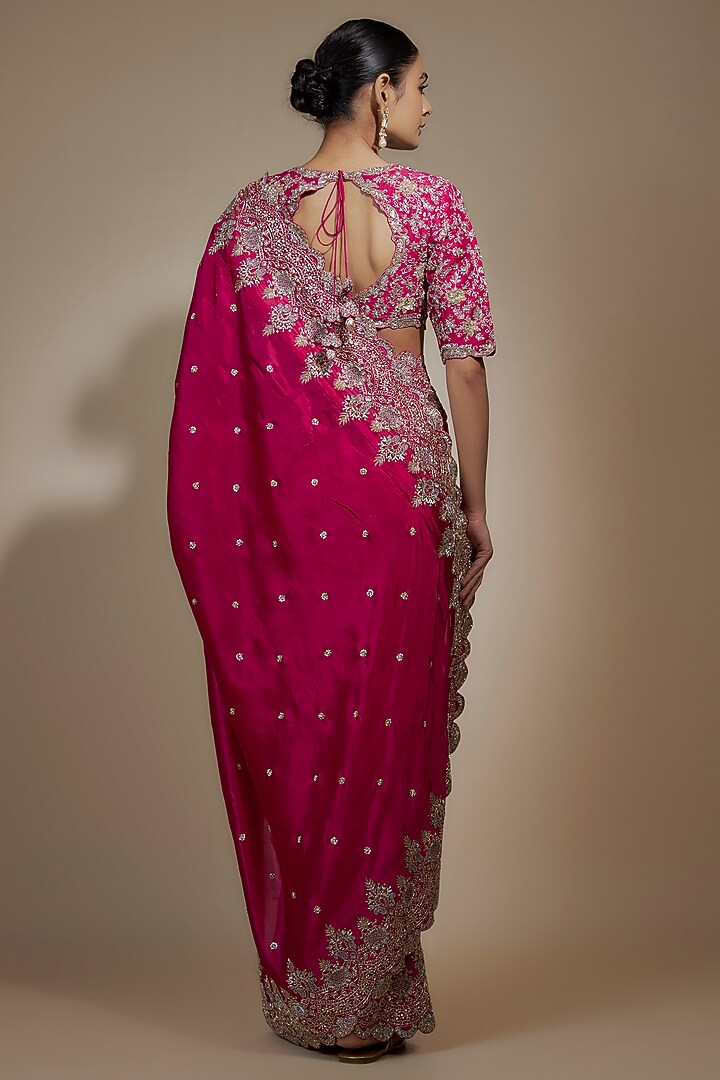 Pink Silk Cutwork Embroidered Bridal Saree Set by Jayanti Reddy at Pernia's Pop Up Shop