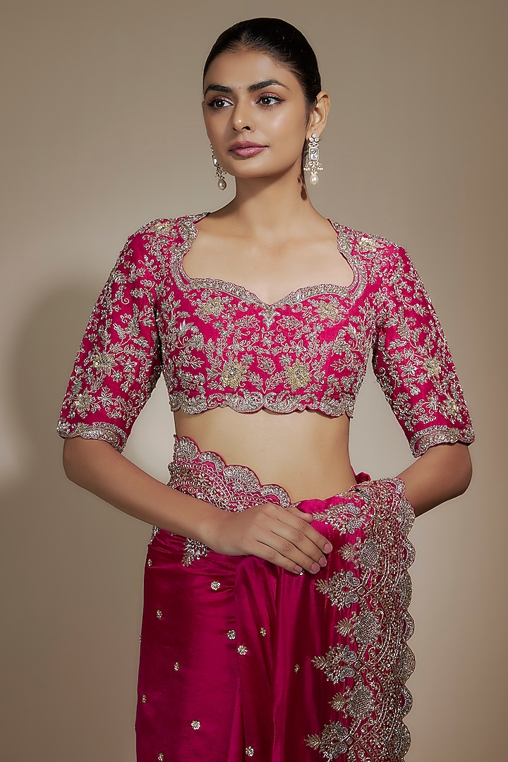 Pink Silk Cutwork Embroidered Bridal Saree Set by Jayanti Reddy at Pernia's Pop Up Shop