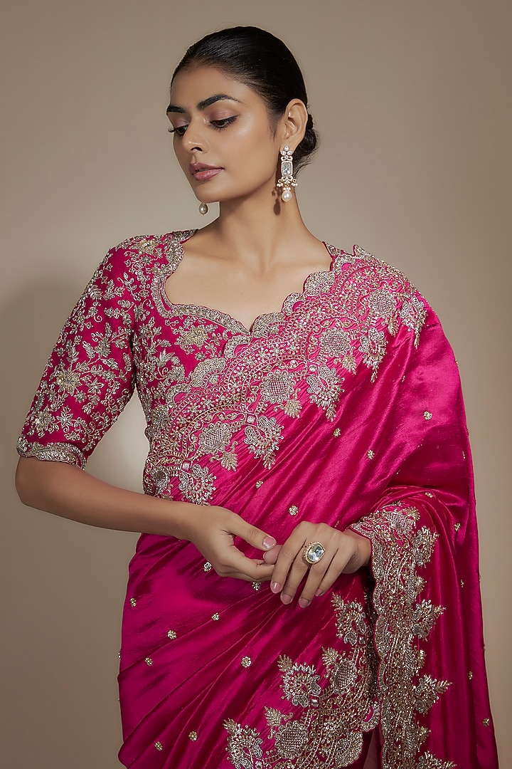 Pink Silk Cutwork Embroidered Bridal Saree Set by Jayanti Reddy at Pernia's Pop Up Shop