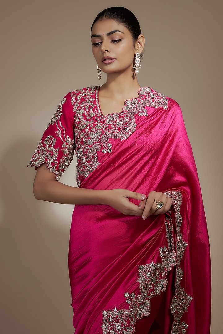 Pink Silk Cutwork Embroidered Bridal Saree Set by Jayanti Reddy at Pernia's Pop Up Shop