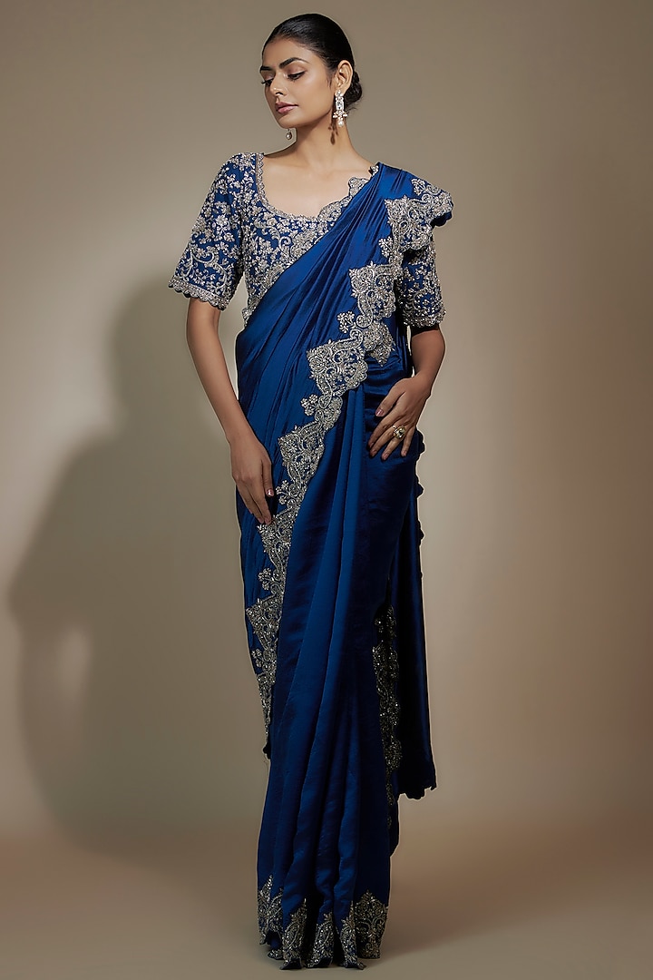 Navy Blue Silk Cutwork Embroidered Saree Set by Jayanti Reddy
