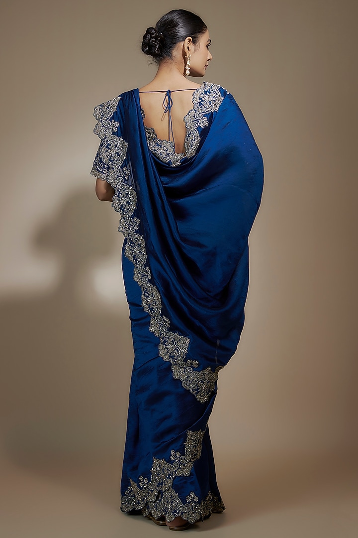 Navy Blue Silk Cutwork Embroidered Bridal Saree Set by Jayanti Reddy at Pernia's Pop Up Shop