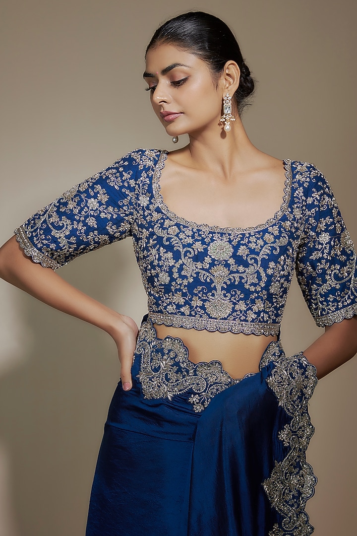 Navy Blue Silk Cutwork Embroidered Bridal Saree Set by Jayanti Reddy at Pernia's Pop Up Shop