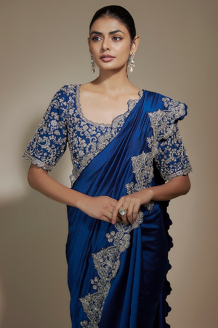 Navy Blue Silk Cutwork Embroidered Bridal Saree Set by Jayanti Reddy at Pernia's Pop Up Shop