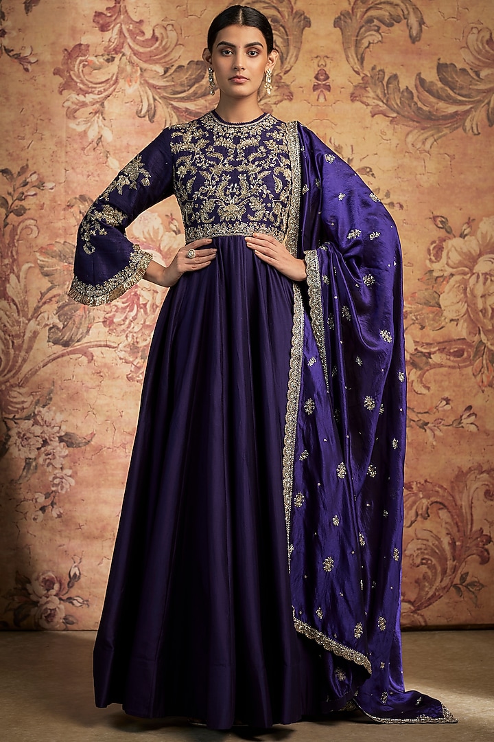 Purple Silk Zari Embroidered Bridal Anarkali Set by Jayanti Reddy at Pernia's Pop Up Shop
