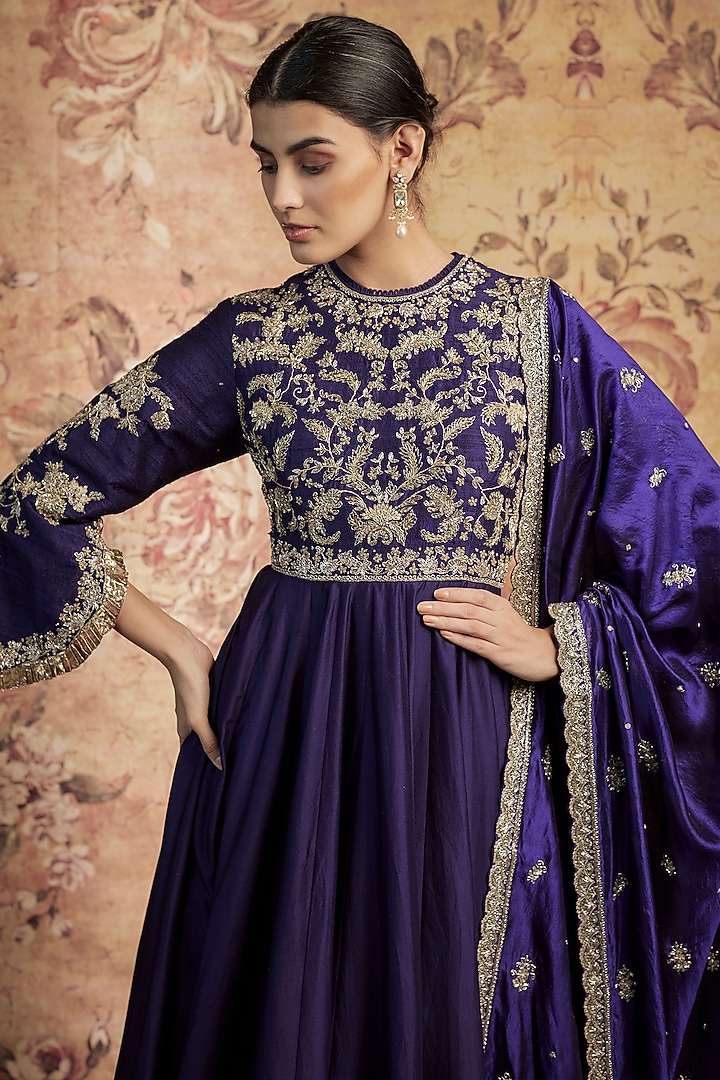 Purple Silk Zari Embroidered Bridal Anarkali Set by Jayanti Reddy at Pernia's Pop Up Shop