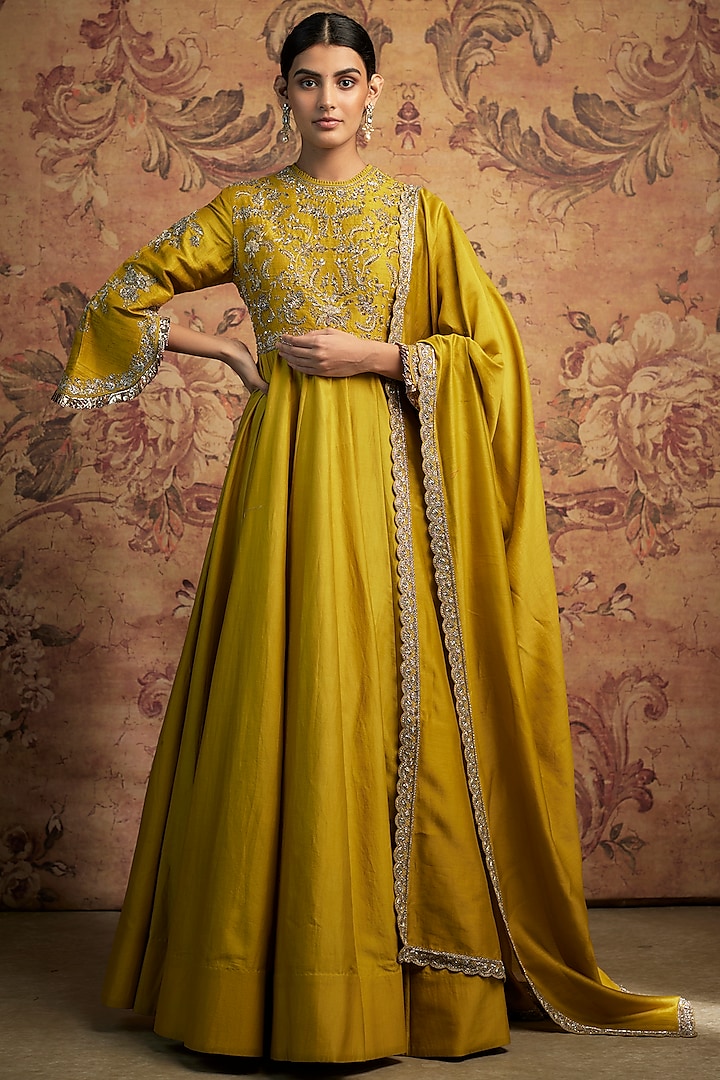Mustard Yellow Silk Zari Embroidered Anarkali Set by Jayanti Reddy