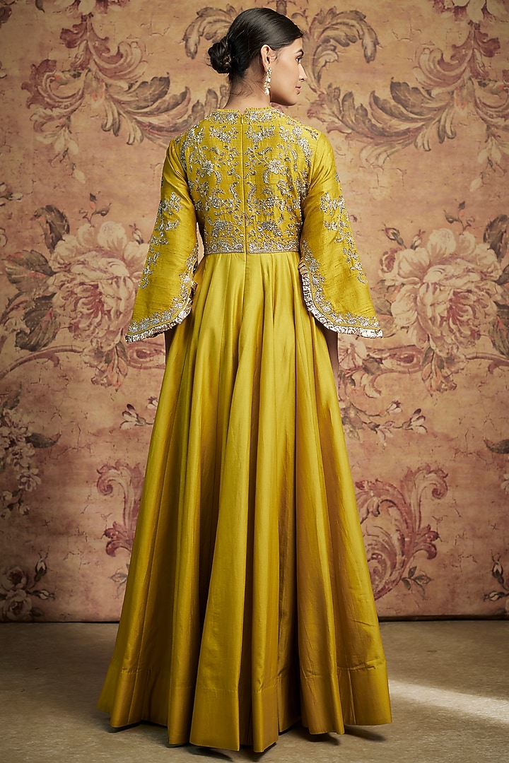 Mustard Yellow Silk Zari Embroidered Bridal Anarkali Set by Jayanti Reddy at Pernia's Pop Up Shop