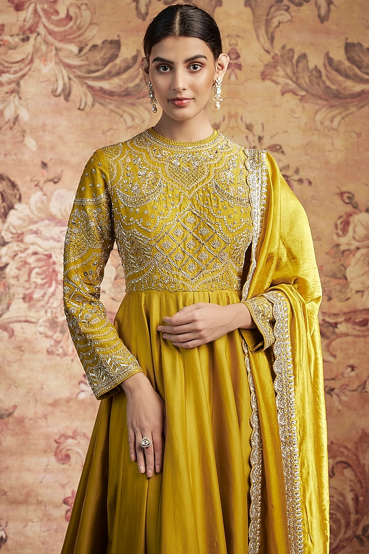 Mustard Yellow Silk Zari Embroidered Bridal Anarkali Set by Jayanti Reddy at Pernia's Pop Up Shop