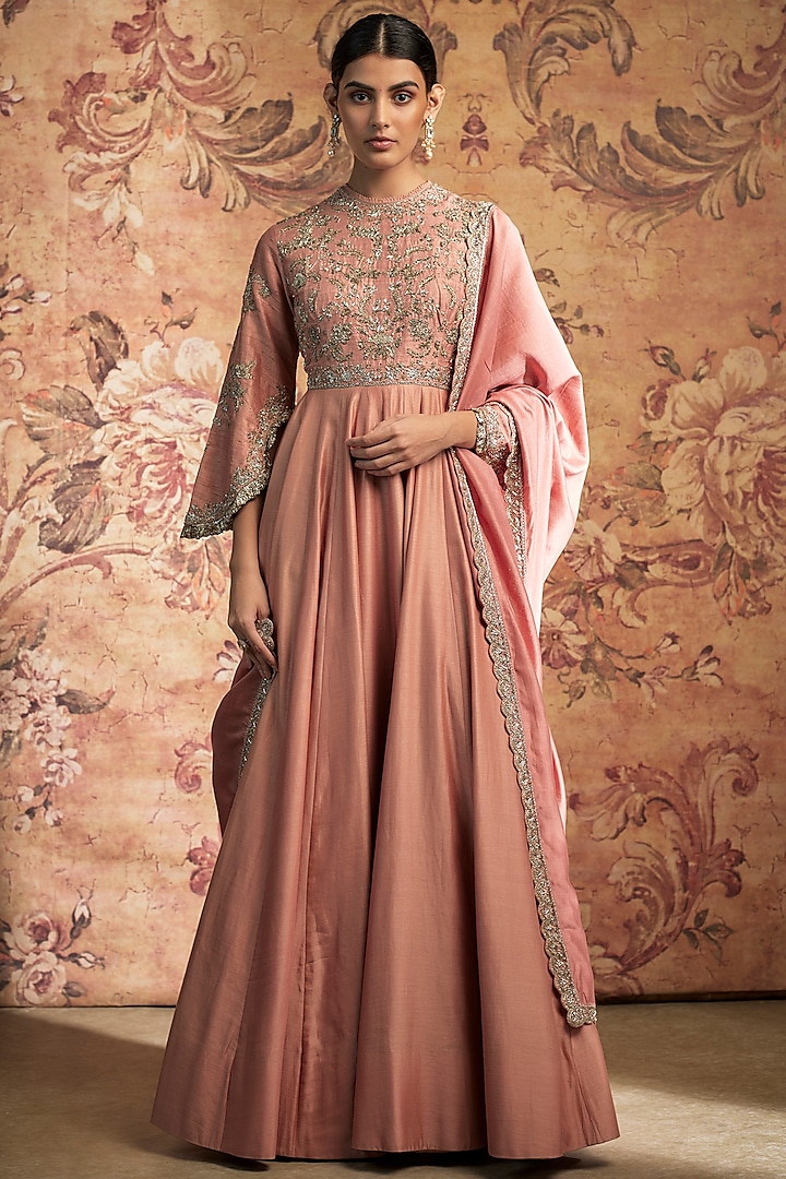 Peach Silk Zari Embroidered Anarkali Set by Jayanti Reddy