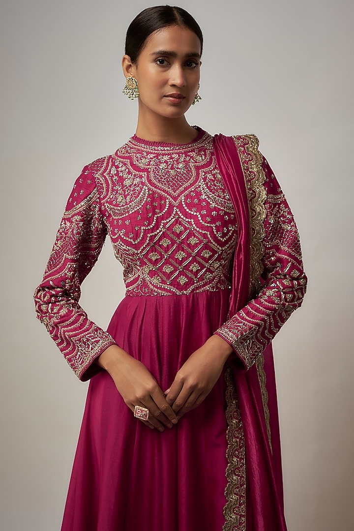 Red Silk Zardosi Embroidered Bridal Anarkali With Dupatta by Jayanti Reddy at Pernia's Pop Up Shop