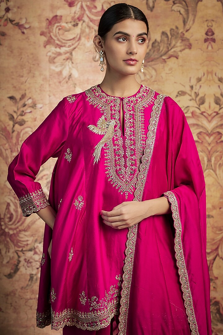 Rani Pink Silk Zari Embroidered Paneled Kurta Set by Jayanti Reddy at Pernia's Pop Up Shop