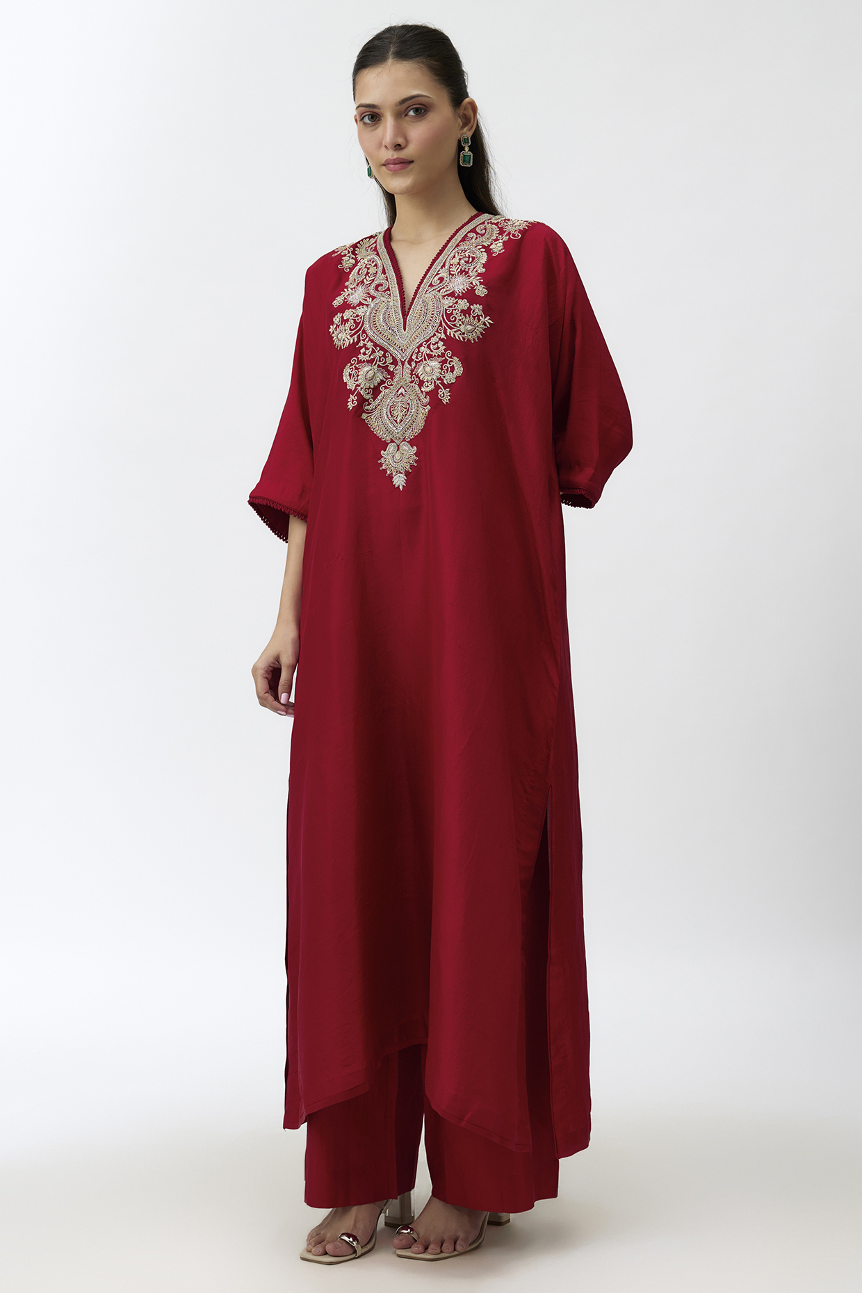 Red Silk Zardosi Embroidered Kaftan Set by Jayanti Reddy at Pernia's Pop Up Shop