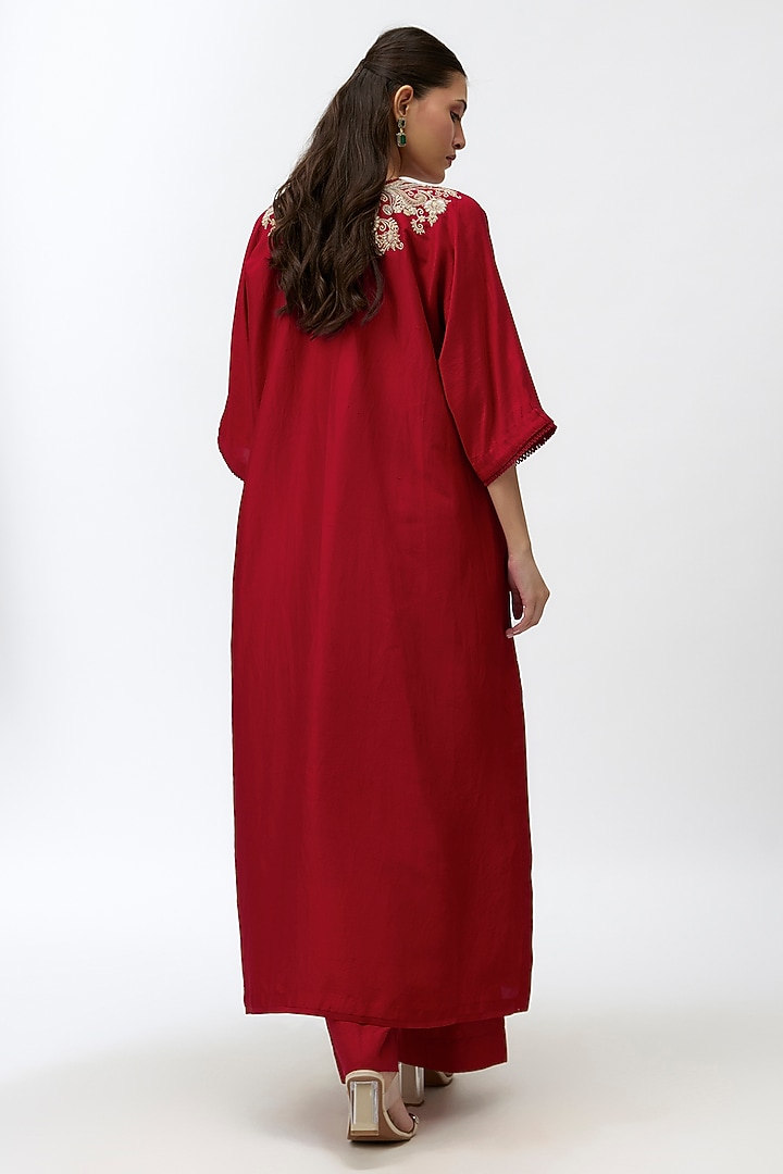 Red Silk Zardosi Embroidered Kaftan Set by Jayanti Reddy at Pernia's Pop Up Shop