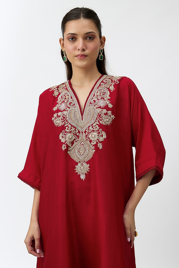 Red Silk Zardosi Embroidered Kaftan Set by Jayanti Reddy at Pernia's Pop Up Shop