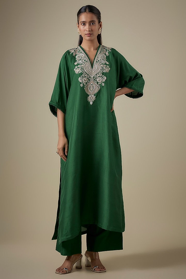 Green Silk Embroidered Kaftan Set by Jayanti Reddy at Pernia's Pop Up Shop
