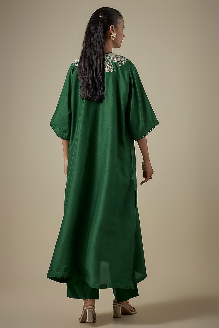 Green Silk Embroidered Kaftan Set by Jayanti Reddy at Pernia's Pop Up Shop