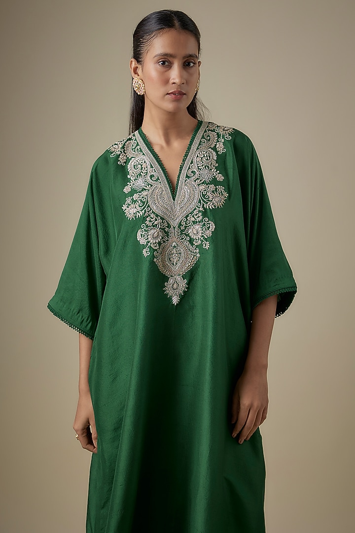 Green Silk Embroidered Kaftan Set by Jayanti Reddy at Pernia's Pop Up Shop