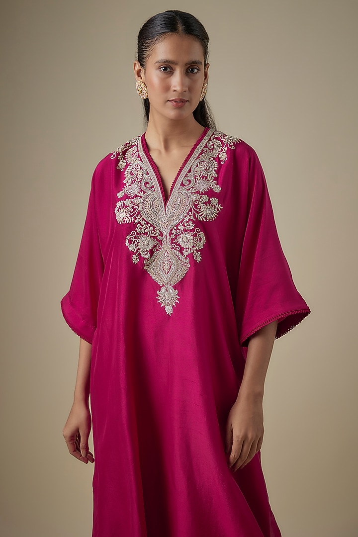 Pink Silk Embroidered Kaftan Set by Jayanti Reddy at Pernia's Pop Up Shop
