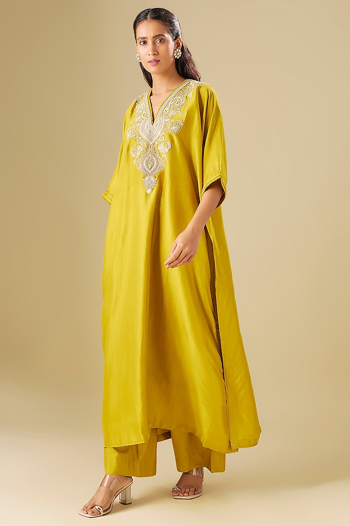 Mustard Silk Zardosi Embroidered Kaftan Set by Jayanti Reddy at Pernia's Pop Up Shop