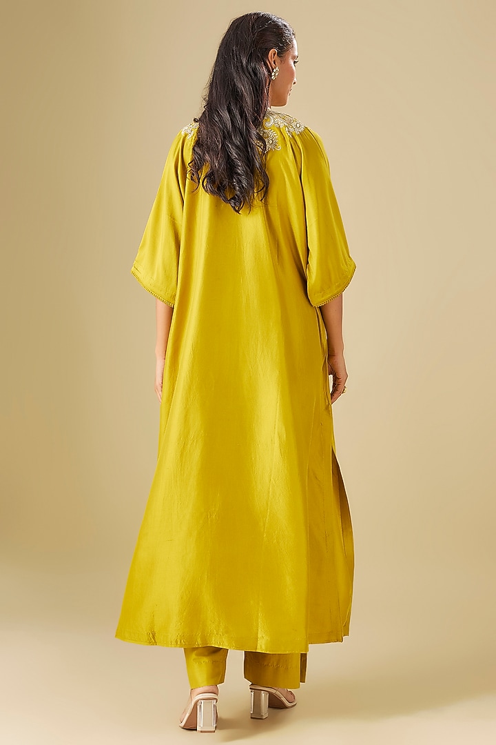 Mustard Silk Zardosi Embroidered Kaftan Set by Jayanti Reddy at Pernia's Pop Up Shop
