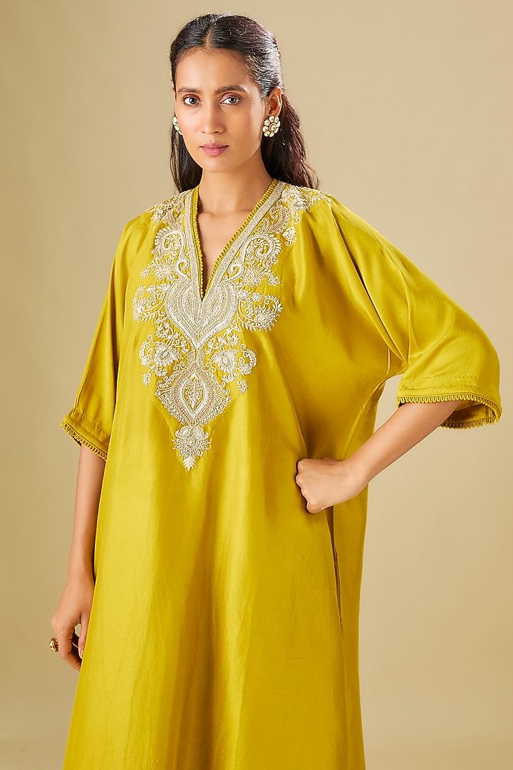 Mustard Silk Zardosi Embroidered Kaftan Set by Jayanti Reddy at Pernia's Pop Up Shop