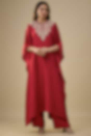 Red Silk Zardosi Embroidered Kaftan Set by Jayanti Reddy at Pernia's Pop Up Shop