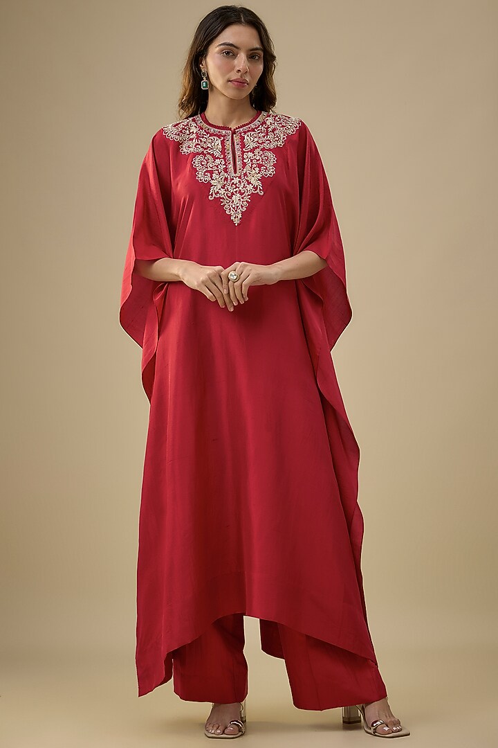 Red Silk Zardosi Embroidered Kaftan Set by Jayanti Reddy at Pernia's Pop Up Shop