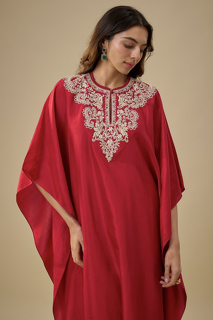Red Silk Zardosi Embroidered Kaftan Set by Jayanti Reddy at Pernia's Pop Up Shop
