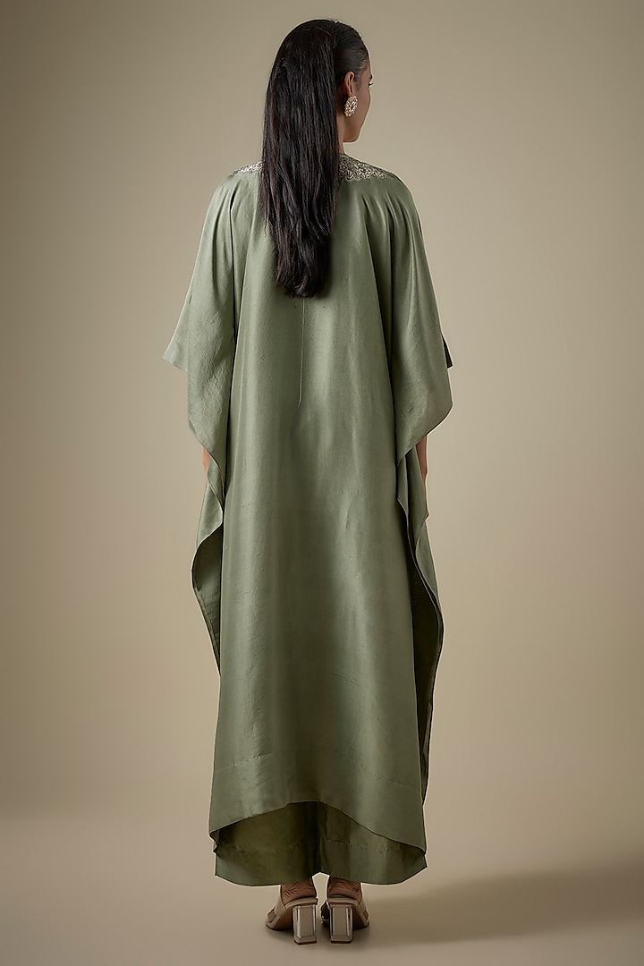 Green Silk Embroidered Kaftan Set by Jayanti Reddy at Pernia's Pop Up Shop