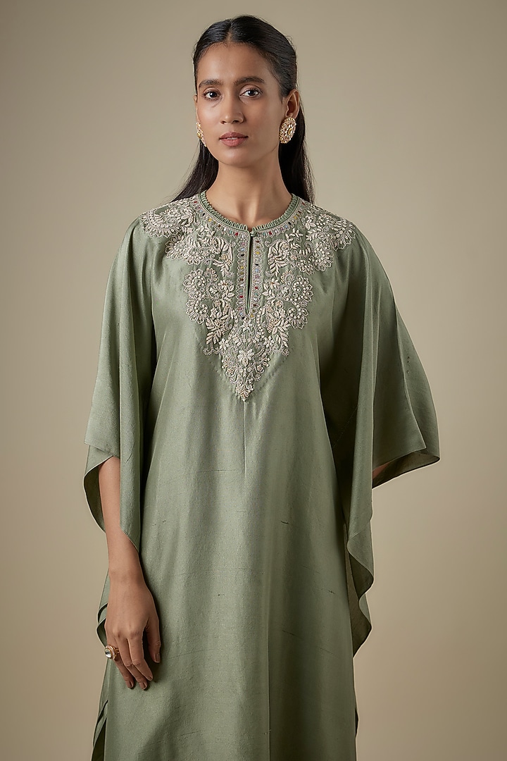 Green Silk Embroidered Kaftan Set by Jayanti Reddy at Pernia's Pop Up Shop