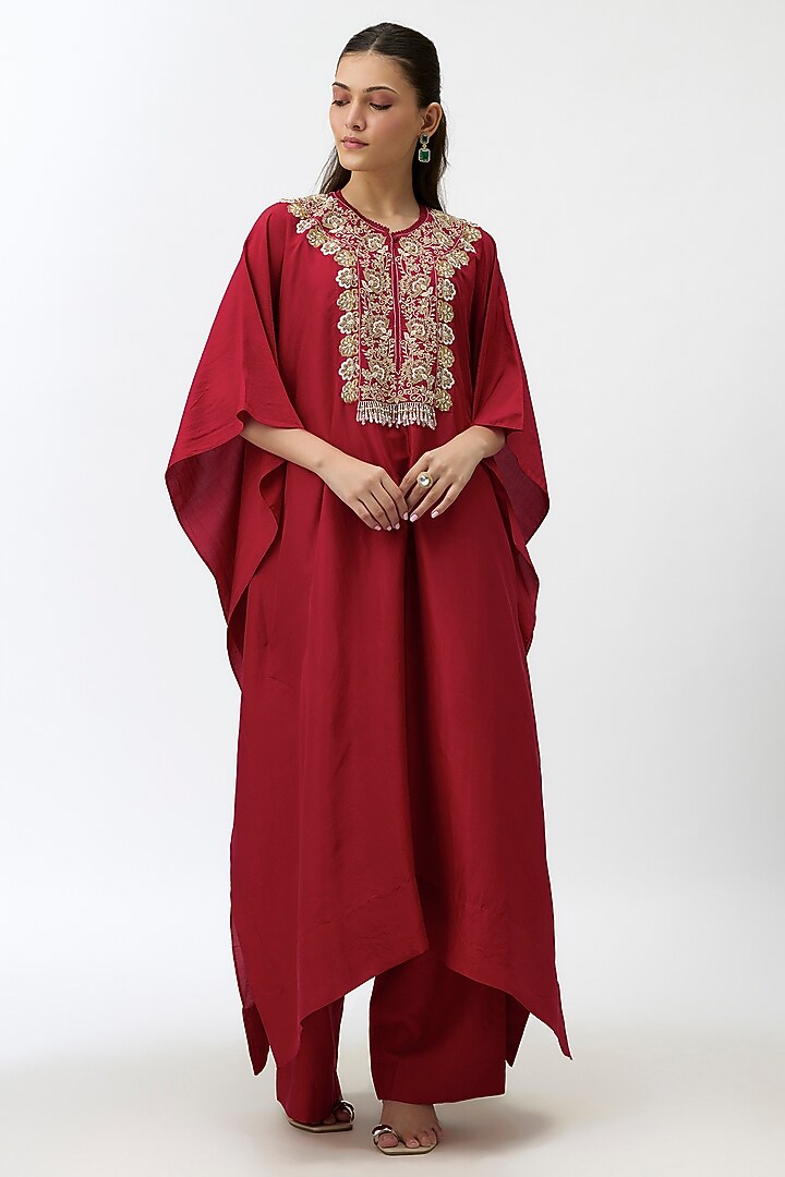 Red Silk Zardosi Embroidered Kaftan Set by Jayanti Reddy at Pernia's Pop Up Shop