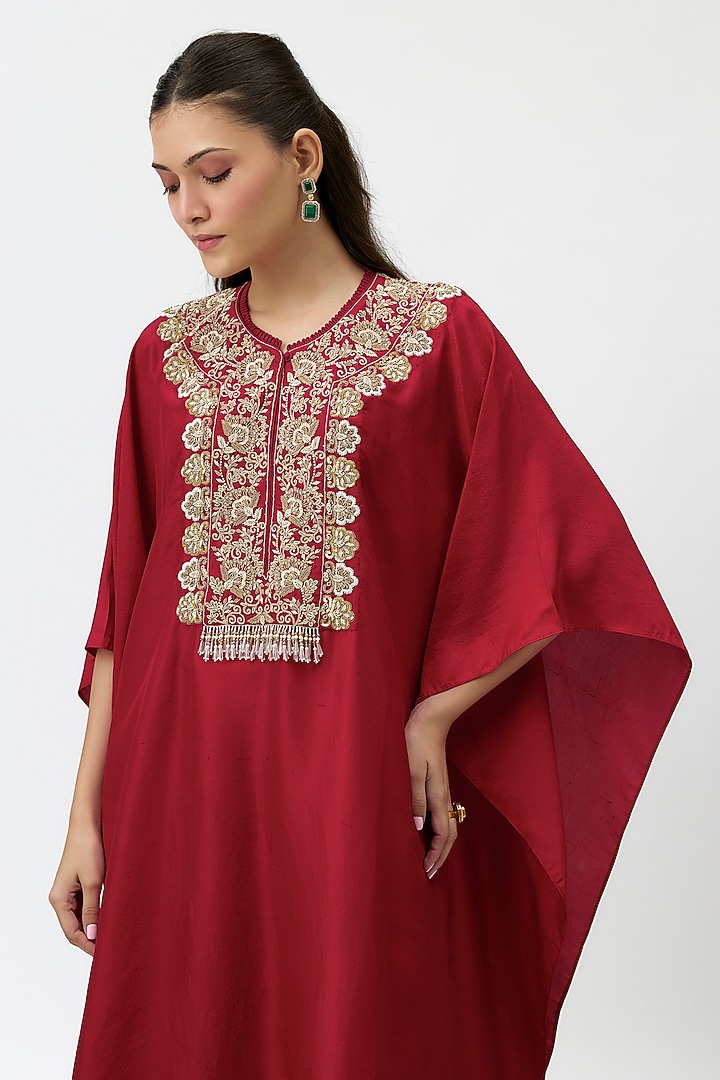 Red Silk Zardosi Embroidered Kaftan Set by Jayanti Reddy at Pernia's Pop Up Shop