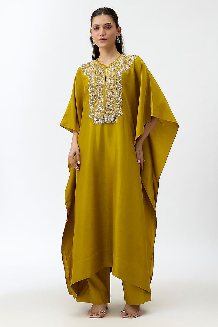 Mustard Silk Zardosi Embroidered Kaftan Set by Jayanti Reddy at Pernia's Pop Up Shop
