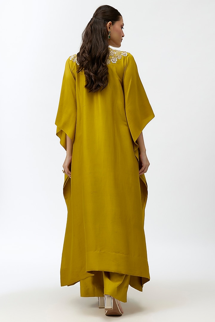 Mustard Silk Zardosi Embroidered Kaftan Set by Jayanti Reddy at Pernia's Pop Up Shop