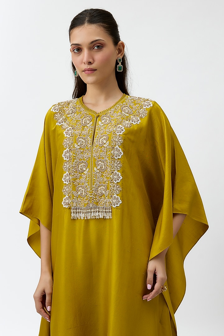 Mustard Silk Zardosi Embroidered Kaftan Set by Jayanti Reddy at Pernia's Pop Up Shop