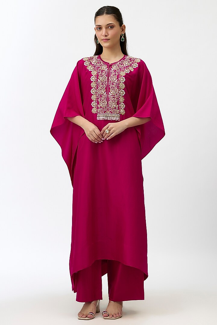 Pink Silk Zardosi Embroidered Kaftan Set by Jayanti Reddy at Pernia's Pop Up Shop