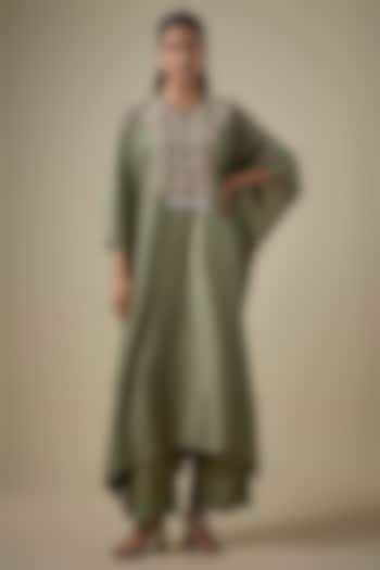 Green Silk Embroidered Kaftan Set by Jayanti Reddy at Pernia's Pop Up Shop