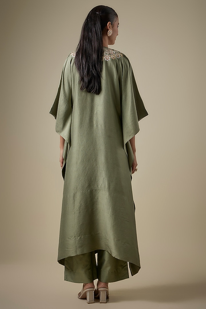 Green Silk Embroidered Kaftan Set by Jayanti Reddy at Pernia's Pop Up Shop