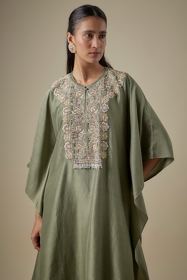 Green Silk Embroidered Kaftan Set by Jayanti Reddy at Pernia's Pop Up Shop
