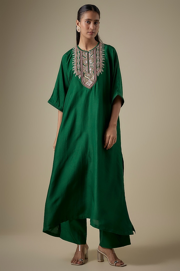 Green Silk Embroidered Kaftan Set by Jayanti Reddy at Pernia's Pop Up Shop