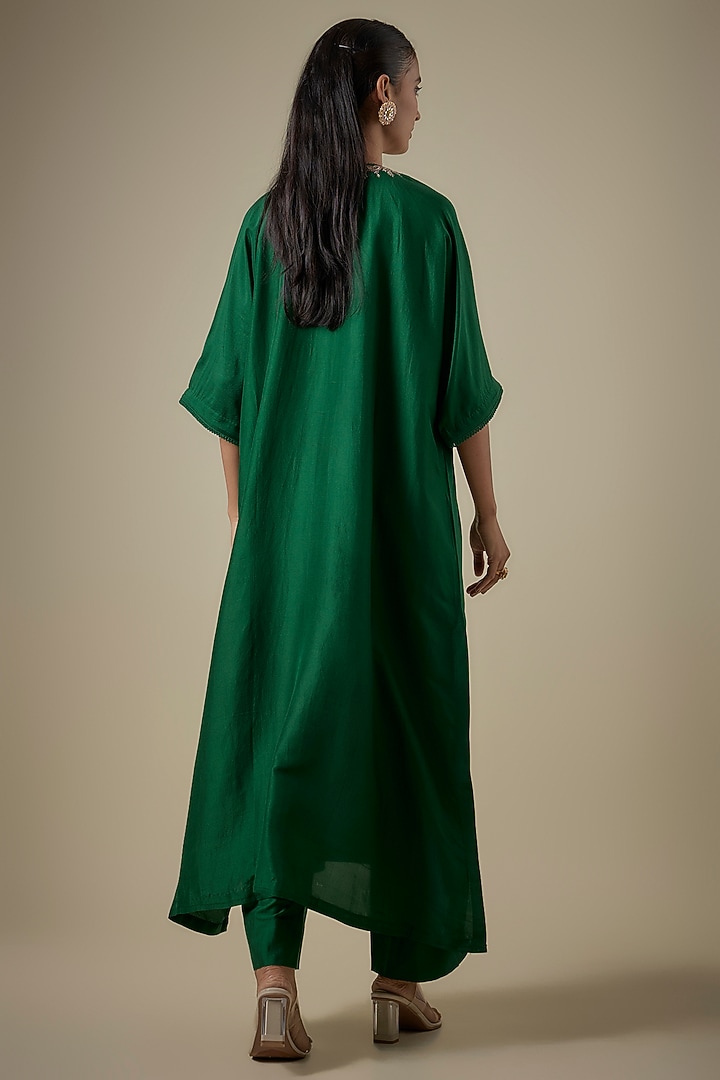 Green Silk Embroidered Kaftan Set by Jayanti Reddy at Pernia's Pop Up Shop