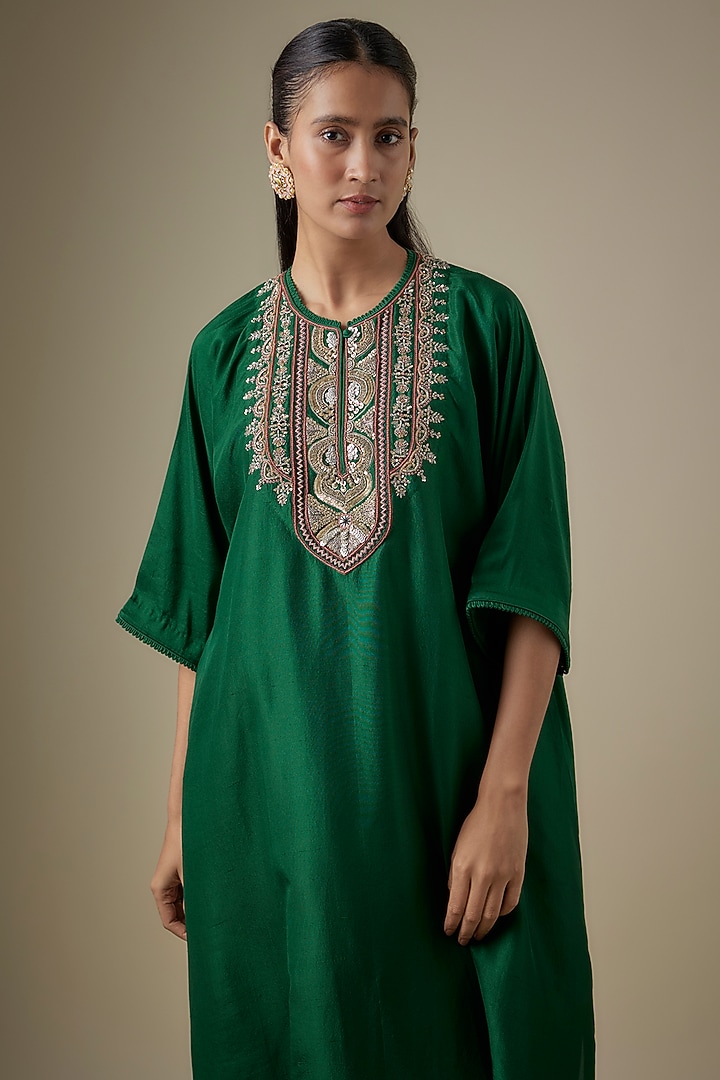 Green Silk Embroidered Kaftan Set by Jayanti Reddy at Pernia's Pop Up Shop